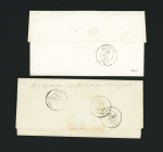 Pluvigner : 2 LST : cursive "54 Pluvigner" + T15 "Baud (54)" (1853) et T22 "Pluvigner (54)" (1864) + taxe 30 double-trait + boite rurale "A" de Camors. TB