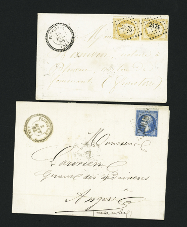 2 lettres : n°13 en paire OBL PC 2475 + T22 "Pluvigner" (1858) et n°22 OBL GC 2908 + T22 Pluvigner (1863), ind 15 et ind 11. TB