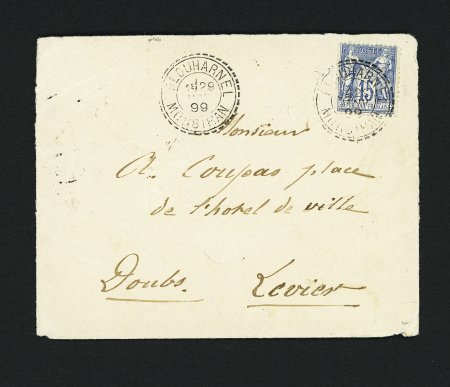 Plouharnel : n°90 OBL CAD perlé "Plouharnel Morbihan" (1899) répété à côté sur lettre. TB