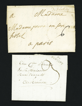 Pontivy : 4 plis: "De Pontivy" (1729 - ind 13) - "P 54 P Pontivy" (ind 14 - 1803 - ind 14) - "54 Pontivy" -An 9 - ind 10) - "54 Napoléon-Ville (1806 - ind 13). Bel ensemble