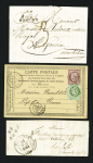 3 plis : jolie cursive "54 Baud Pontivy" (1824 - ind 19) - cursive "54 Baud" + T13 "Hennebon" (1844) - n°53 + 54 OBL GC 349 + T17 Baud (1876) sur carte précurseur. TB lot