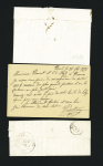 3 plis : jolie cursive "54 Baud Pontivy" (1824 - ind 19) - cursive "54 Baud" + T13 "Hennebon" (1844) - n°53 + 54 OBL GC 349 + T17 Baud (1876) sur carte précurseur. TB lot