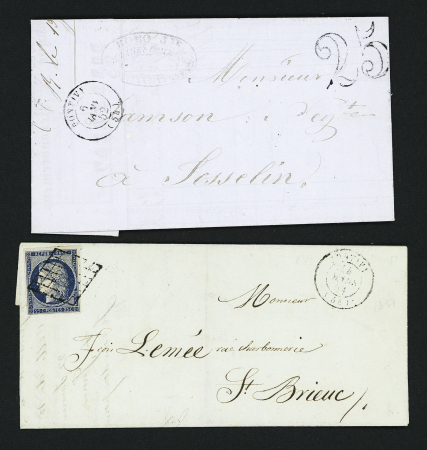 2 lettres : n°4, 25c bleu, OBL grille + T15 Pontivy (1851) et LST avec T15 Pontivy (1852) + taxe 25 double-trait. TB