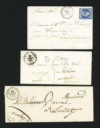 Lettre sans timbre avec CAD T15 "Pont-Scorff (54)" (19 janv 1849) + taxe 2 tampon façon manuscrite et n°14 OBL GC 2957 précoce + T15 "Pont-Scorff" (28 dec 62) sur lettre. TB
