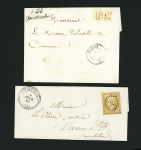 Questembert : 2 lettres : cursive "54 Questembert" + "PP" rouge encadré + T15 Vannes (1842) et n°21 OBL GC 3058 + CAD T22 "Questembert (54)" (1863), ind 12 et ind 9. TB