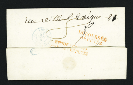 Quiberon : Cursive "54 Quiberon" + T13 "Auray (54)" (1842) + "PP" rouge encadré sur lettre adressée au général comte de la Bourdonnay député du Morbihan avec au dos MP rouge "Déboursés députés". Certificat RHP.