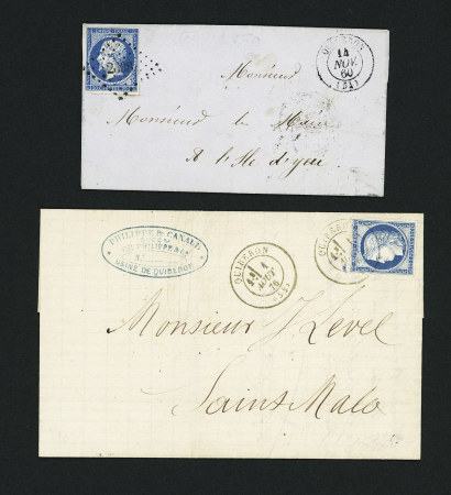 2 lettres : n°14 OBL PC 2608 + T15 "Quiberon" (1860) et n°60 OBL CAD T17 "Quiberon (54)" (1876) répété à côté. TB