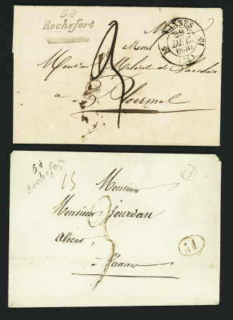 2 lettres avec cursive "54 Rochefort" (1830 et 1842) dont l'une avec T12 Vannes (1830), ind 11 chaque. TB