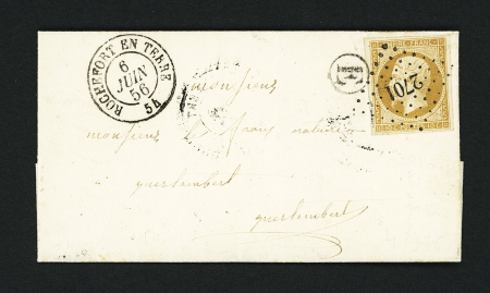 N°13 OBL PC 2701 + T15 "Rochefort en terre 54" (1856) + boite rurale "E" sur une petite lettre. TB