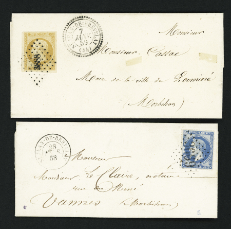 Saint Jean de Brevelay : 2 lettres : n°13 OBL PC 3888 + T22 "St Jean de Bevelay (54)" (1859 - ind 14) et n°29 OBL GC 3069 + T15 "St Jean de Bevelay (54)" (1868 - ind 9). TB