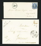 Sarzeau : cursive "54 Sarzeau" + T12 Vannes (1836) + "PP" rouge encadré et n°29 OBL GC 3310 bleu + T16 bleu "Sarzeau (54)" (1869), sur 2 lettres. TB lot