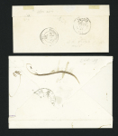 Sarzeau : cursive "54 Sarzeau" + T12 Vannes (1836) + "PP" rouge encadré et n°29 OBL GC 3310 bleu + T16 bleu "Sarzeau (54)" (1869), sur 2 lettres. TB lot