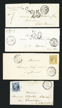 La Trinité : 4 lettres : LST avec cursive "54 La Trinité" + T15 "Ploermel (54)" (1852) + taxe 25 double-trait, LST avec T22 "La Trinité (54)" (1856) + T15 "Ploermel" + taxe 30 double-trait - n°13 OBL PC 3427 + T22 "L