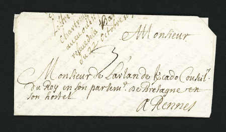 Vannes : lettre de 1696 selon pliage Lenain in 8 : lettre du père prieur de la chartreuse d'Auray, ind 16. TB