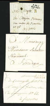 3 MP "Uannes" (L n°6A - 26 x 5mm - ind 12) et MP rouge "P 54 P Vannes" (28 x 10mm - 1824) et "P 54 P Vannes" avec "PP" surmonté d'un bonnet phrygien. Bel ensemble