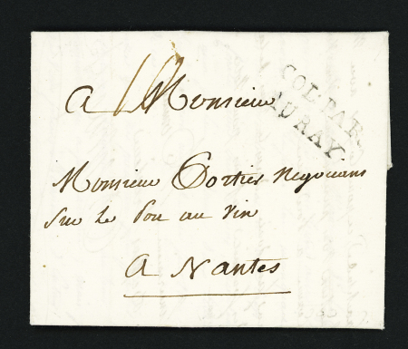 Entrée maritime : MP "Col par Auray" provenance Saint-Dominique (1776), ind 19. TB