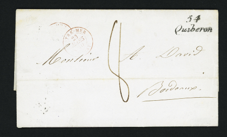 Cursive "54 Quiberon" + CAD d'entrée rouge "Outre-Mer Auray" (1840) + taxe 8 manuscrite sur lettre en provenance de Saint-Denis (Réunion), ind 20