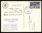 TAAF n°10 OBL "Terre Adélie TAAF" (10.1.1959) sur la plus rare des cartes postales PEV : explorateur sortant de son habitation pour saluer le soleil". RR et TB