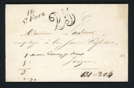 Cursive "16 St Fort" (1850) + taxe 25 double-trait, ind 8. TB