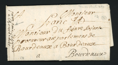 Lettre avec marques manuscrites "Port paie jusques à Bordeaux" + "Franc" et paraphe (L N°4 - 1694), ind 23 rare et TB