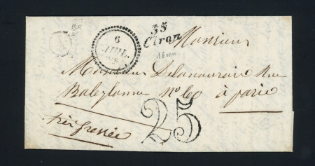 CIRON : lettre avec cursive "35 Ciron" + dateur "B" (1850) + boite rurale "A" et taxe 25 double-trait. Jolie pièce, ind 18