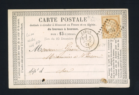 N°55 OBL PC du GC 1034 + T17 Ciron (1875) sur carte postale précurseur, qualité luxe