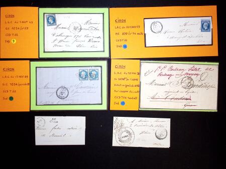 8 lettres dont cursive "35 Ciron", n°14 OBL PC 870 + T22 Ciron (1859 - ind 14), LST avec T24 Ciron (1873) + taxe 40 double-trait, n°29 en paire OBL GC 1034 + T22 Ciron (1869 - ind 11). TB lot