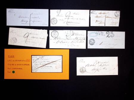 17 plis de Cluis dont 8 cursives "35 Cluis" et n°23 OBL GC 1060 + T22 Cluis (1863) sur lettre chargée. TB