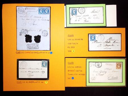 17 plis de Cluis dont 8 cursives "35 Cluis" et n°23 OBL GC 1060 + T22 Cluis (1863) sur lettre chargée. TB