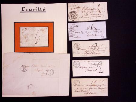 ECUEILLE : 26 plis variés dont 3 cursives et 1 lettre AFF 5c Sage n°75 + timbre fiscal de dimension 10c bleu (non taxée). Bon ensemble