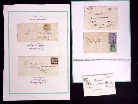 ECUEILLE : 26 plis variés dont 3 cursives et 1 lettre AFF 5c Sage n°75 + timbre fiscal de dimension 10c bleu (non taxée). Bon ensemble