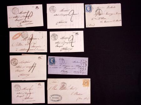 ECUEILLE : 26 plis variés dont 3 cursives et 1 lettre AFF 5c Sage n°75 + timbre fiscal de dimension 10c bleu (non taxée). Bon ensemble