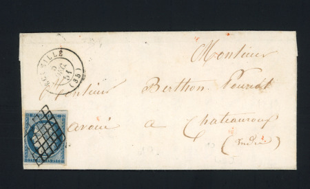 N°4 OBL grille + T15 "Ecueillé (35)" (1851) sur lettre. TB