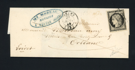 EGUZON : n°3 OBL grille + T15 "Eguzon (35)" (1849) sur lettre, ind 19. TB