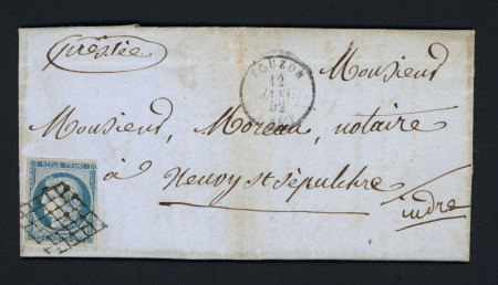 N°4 OBL grille + T16 "Eguzon (35)" (1852) sur lettre, ind 17. TB