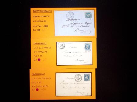 3 lettres AFF n°29 OBL GC 4375 + T22 (2) et T24 Fontgombault, dont l'une avec "BM" dans un ovale, ind 18 chacune. TB