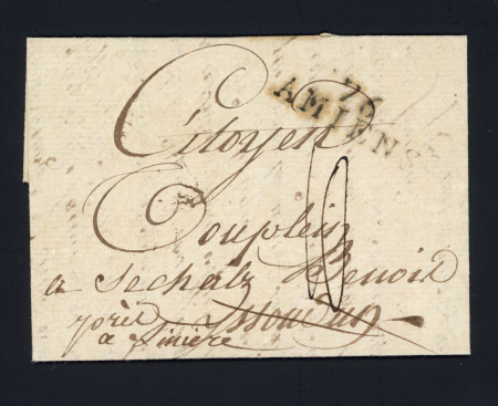 Lettre d'Amiens pour Issoudun, avec au verso marque manuscrite "Deb d'Issoudun" (An 5), ind 18. TB