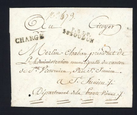 Enveloppe avec MP noires "P 35 P Issoudun" et "Chargé" (SD mais période révolutionnaire). TB