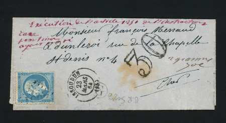 N°22, déjà utilisé, sur lettre avec T15 Issoudun (1864) + taxe 30 double-trait et mention à l'encre rouge "exécution de l'article 1250 de l'instruction - taxe pour timbre ayant servi". TB