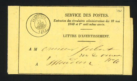 Formule imprimée sur papier jaune "service des postes - lettre d'avertissement" avec CAD type 15 (21 dec 61). TB