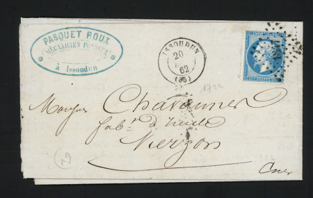 N°22 OBL PC du GC 1847 + T15 "Issoudun (35)" (1862) sur lettre, ind 19. TB