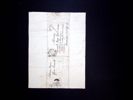 Lettre avec CAD T12 Issoudun (1837) + "PP" rouge encadré sur lettre "A Monroe aux Etats-Unis d'Amérique Pays du Michigan sur la rivière aux raisins". Destination RR. TB