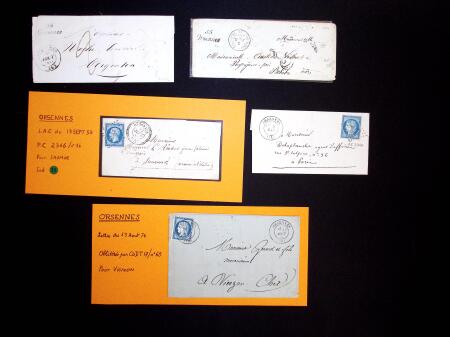 5 plis dont 2 cursives "35 Orsennes" et n°14 OBL PC 2346 + T15 "Orsennes" (1859). TB