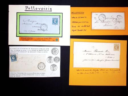 PELLEVOISIN : 4 lettres dont 3 affranchies, dont n°60 OBL bureau de passe 4201 + T24 Pellevoisin (1872) et n°28 OBL boite rurale "A" sur lettre de la mairie de Chézelles. TB