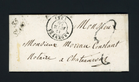 LST avec cursive "35 St Aout" + T15 Ardentes (1850) + taxe 2 tampon façon manuscrite, ind 16. TB