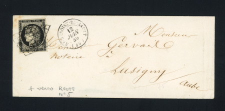 N°3 OBL grille + T15 "St Benoist du Sault (35)" (1849) sur lettre, ind 18. TB