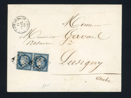 N°4 en paire OBL grille + T15 "St Benoist du Sault (35)" (1850) sur lettre, ind 16. TB