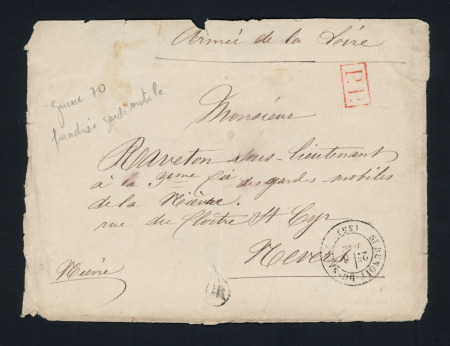 LST avec CAD T17 "St Benoist du Sault (35)" (1870) + "PP" encadré rouge et mention manuscrite "Armée de la Loire". TB