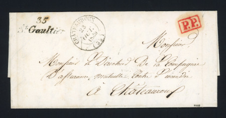 Lettre avec cursive "35 St Gaultier" + T14 Chateauroux (1849) + "PP" encadré rouge, ind 17. TB