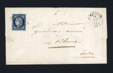 N°4 OBL grille + T15 "St Gaultier (35)" (1851) sur lettre, ind 15. TB